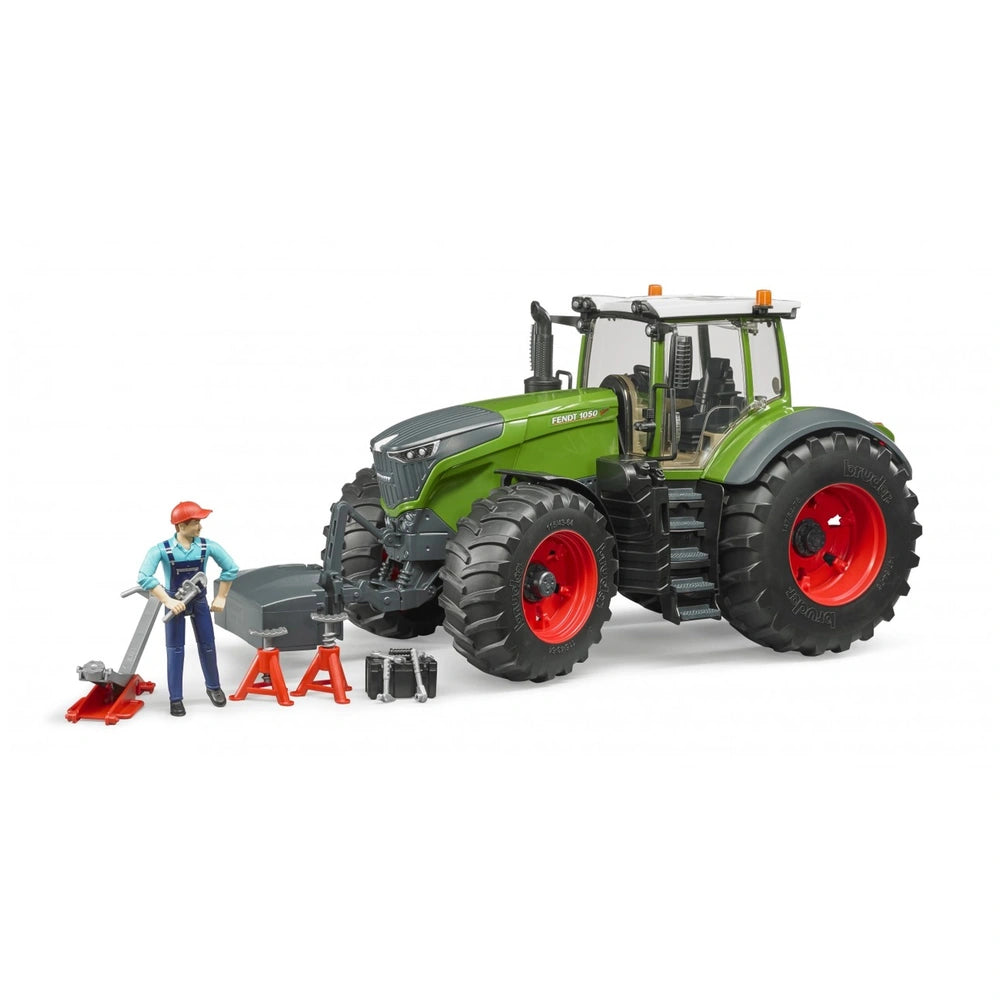 Bruder Fendt 1050 Vario tractor with mechanic figure, tools, and jack, featuring realistic details and green-red color scheme.