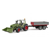 Green and red toy Fendt tractor with frontloader and gray-red tipping trailer attached.