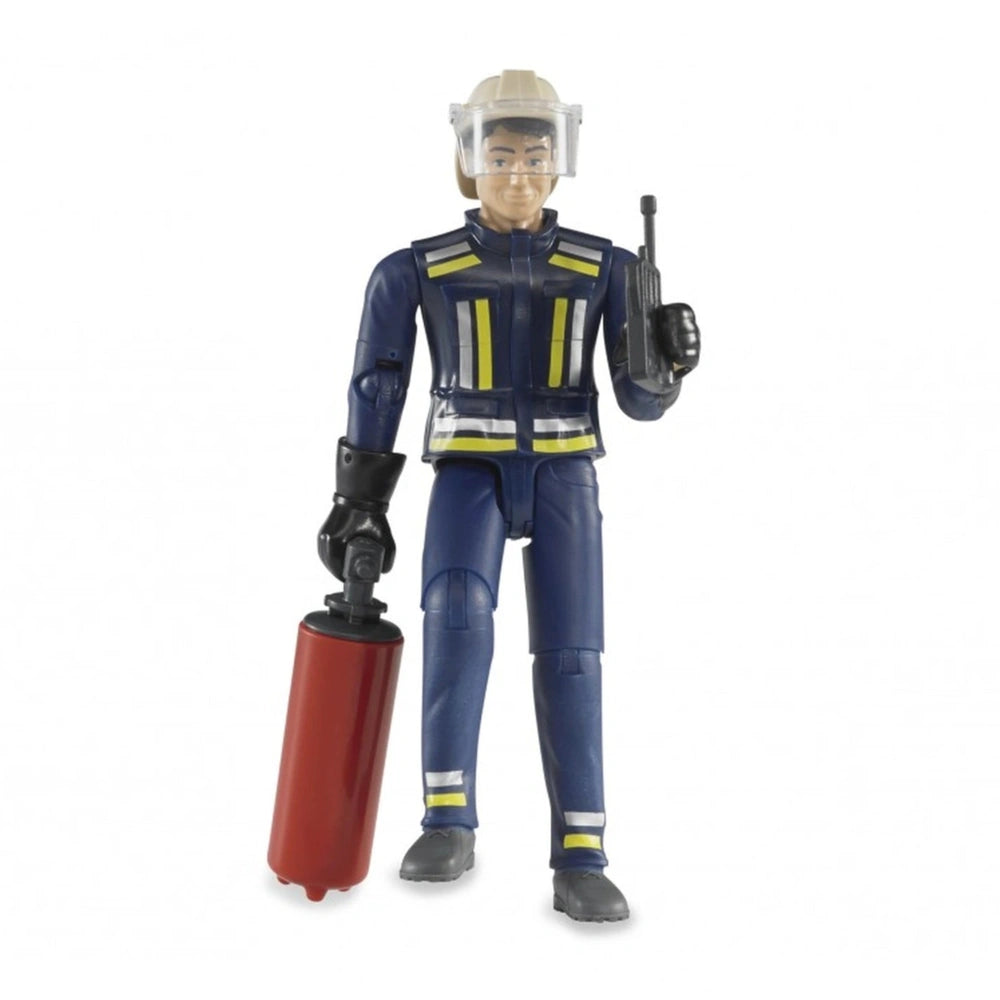 Firefighter action figure in blue uniform with a helmet, holding a fire extinguisher and radio, ready for play.