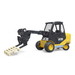 Yellow and black Bruder JCB Teletruck toy with height-adjustable telescopic arm holding a beige pallet.