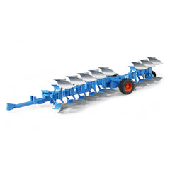 Blue and silver Bruder Lemken plough toy with a realistic rotary mechanism and a black-orange wheel.