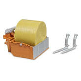 Orange loading box with yellow hay bale and attachable silver forks for Bruder toy tractors.
