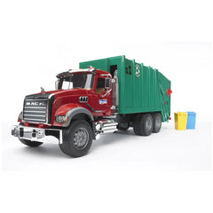 Bruder Mack Granite Garbage Truck toy in red and green with blue and yellow recycling bins.