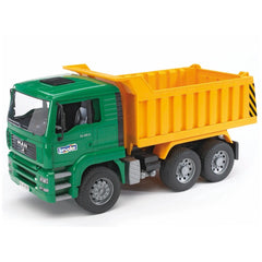 Green and yellow Bruder MAN TGA tip-up truck toy with realistic details and functional tipping feature.