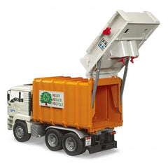 Bruder MAN TGA garbage truck toy, orange with open rear loader, recycling sign visible, showcasing realistic details.