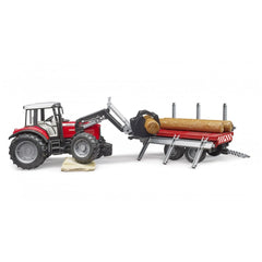 Red Massey Ferguson tractor with front loader lifting logs onto timber trailer.