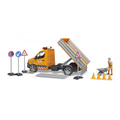 Orange Bruder MB Sprinter municipal vehicle with tilting platform, cones, road signs, and worker figure with wheelbarrow.