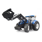 Blue and black toy tractor with slip-on front loader, modeled after New Holland T7.315, 1:16 scale.
