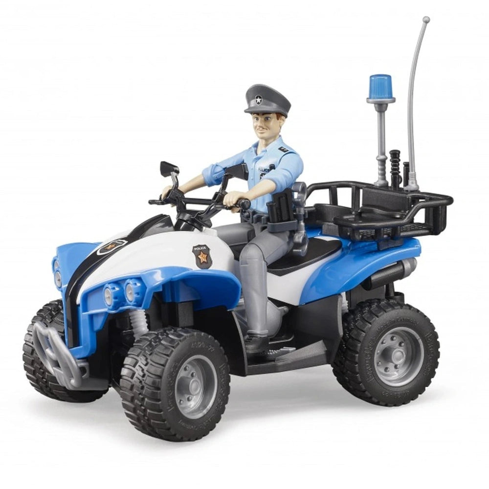 Toy police officer riding a blue and white quad bike with rugged tires, accessories, and a rear luggage rack.
