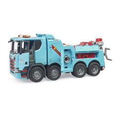 Blue Bruder Scania Super 560R Recovery Truck with detailed cab and six wheels, doors open, featuring towing equipment.