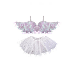 Angel costume set for girls featuring glossy purple wings and a sheer white skirt for imaginative role play.