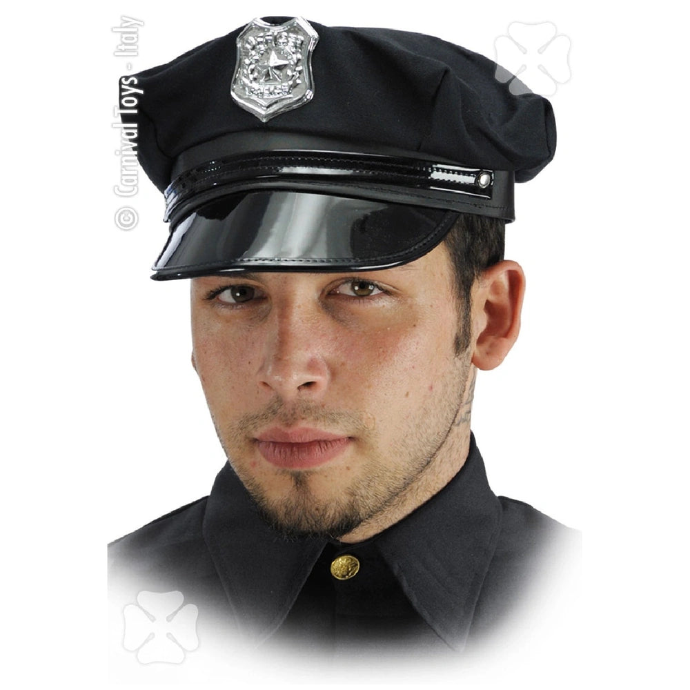 Black police hat with silver badge and dark button-up shirt featuring golden buttons for kids' role play fun.