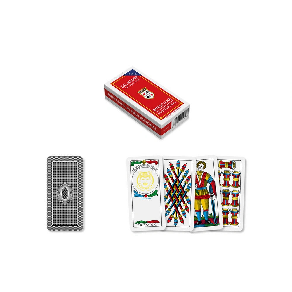 Dal Negro Bresciane Pro Cards N.89 in a glossy red box, featuring colorful matte finished playing cards arranged in a fan sha
