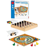 Dal Negro Many Games Wooden Board Games Set featuring colorful tan boards with numbers and symbols in a glossy box.
