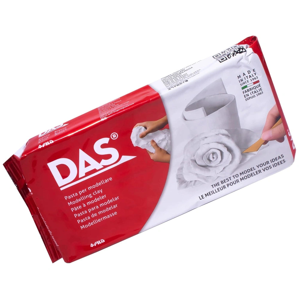 DAS Modeling Clay packaging in glossy red with white text, highlighting its quality for arts and crafts projects.