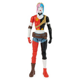 Harley Quinn action figure features a glossy finish, red and black bodysuit, pink and blue hair, and a utility belt.
