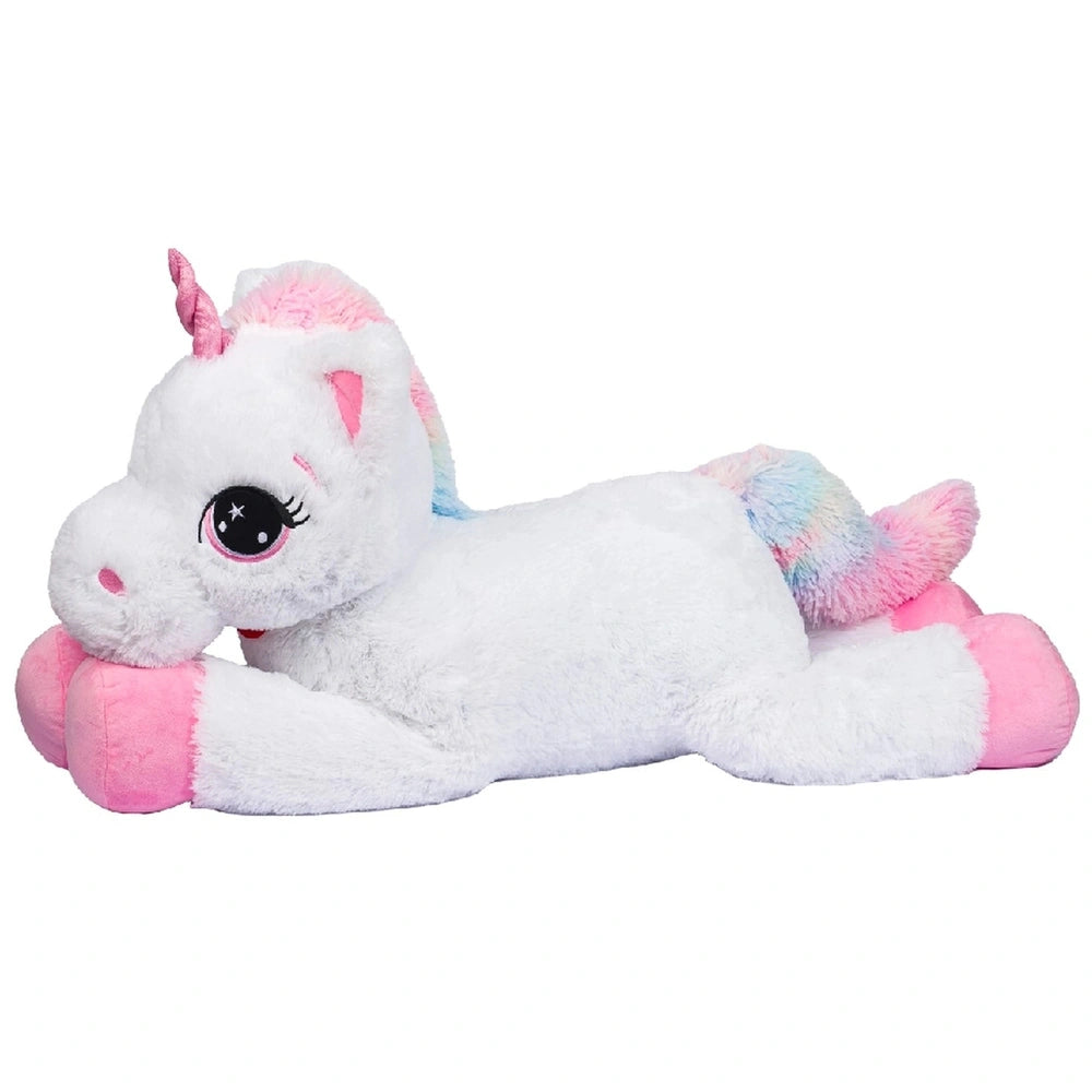 Maxi Sitting Unicorn Plush features a soft white body, glittery mane and tail in pink, blue, and purple, with a large horn.