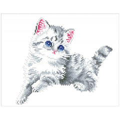 Kitten In The Snow diamond painting kit featuring a white cat with gray markings, blue eyes, and a pink nose on a plain white