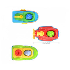 Dickie Abc Ocean Team Bath Toy features a red and green boat shape with a glossy finish, yellow handle, and blue ball inside.