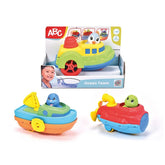 Dickie Abc Ocean Team bath toy boat with blue and red body, green top, and yellow wheel, packaged in white box with labels.