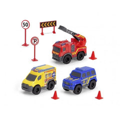 Dickie Micro Sos Station Toy Playset features a colorful plastic toy truck in red, yellow, and blue with black details.