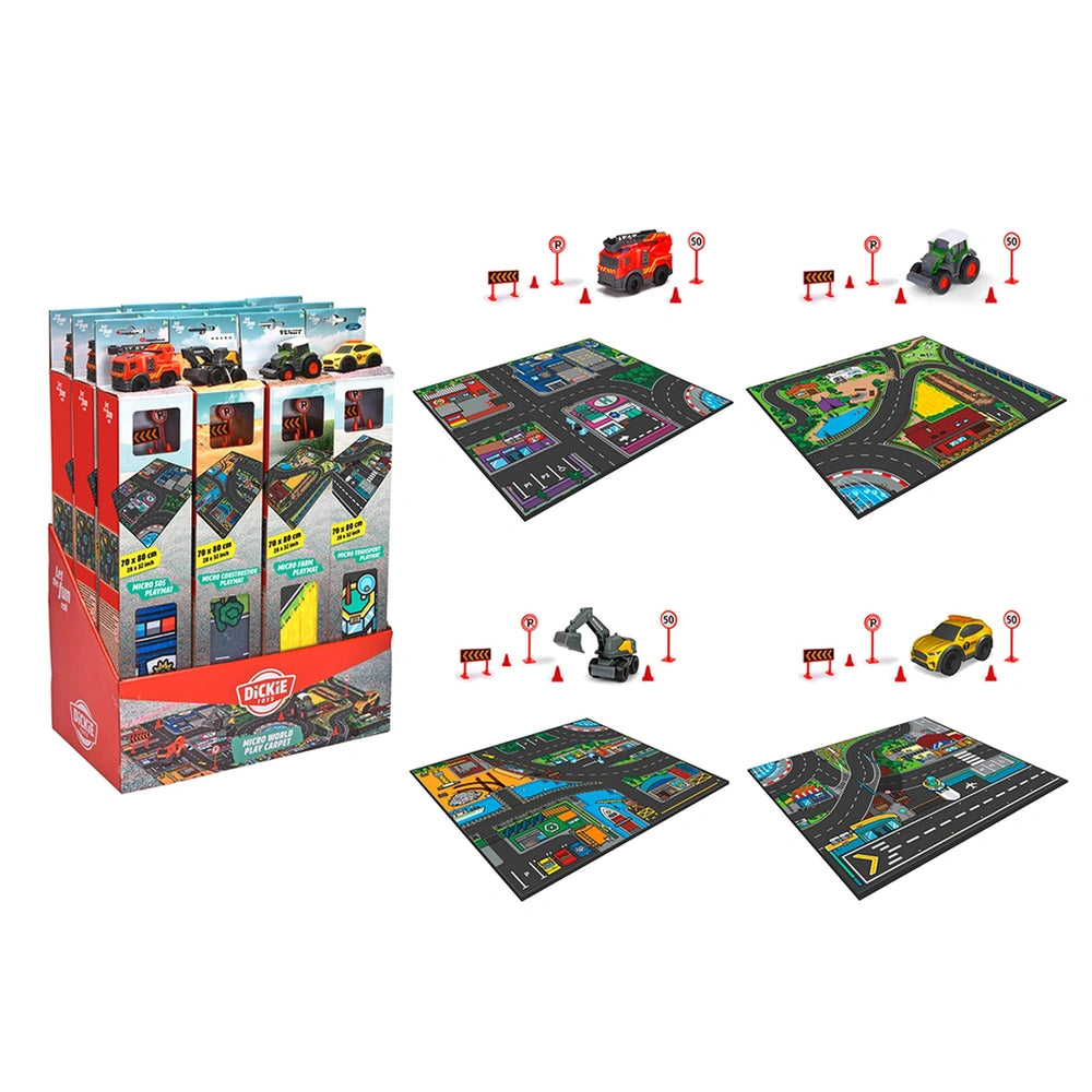 Dickie playmat packaging features a red glossy box with toy vehicles, cones, and signs in vibrant colors.