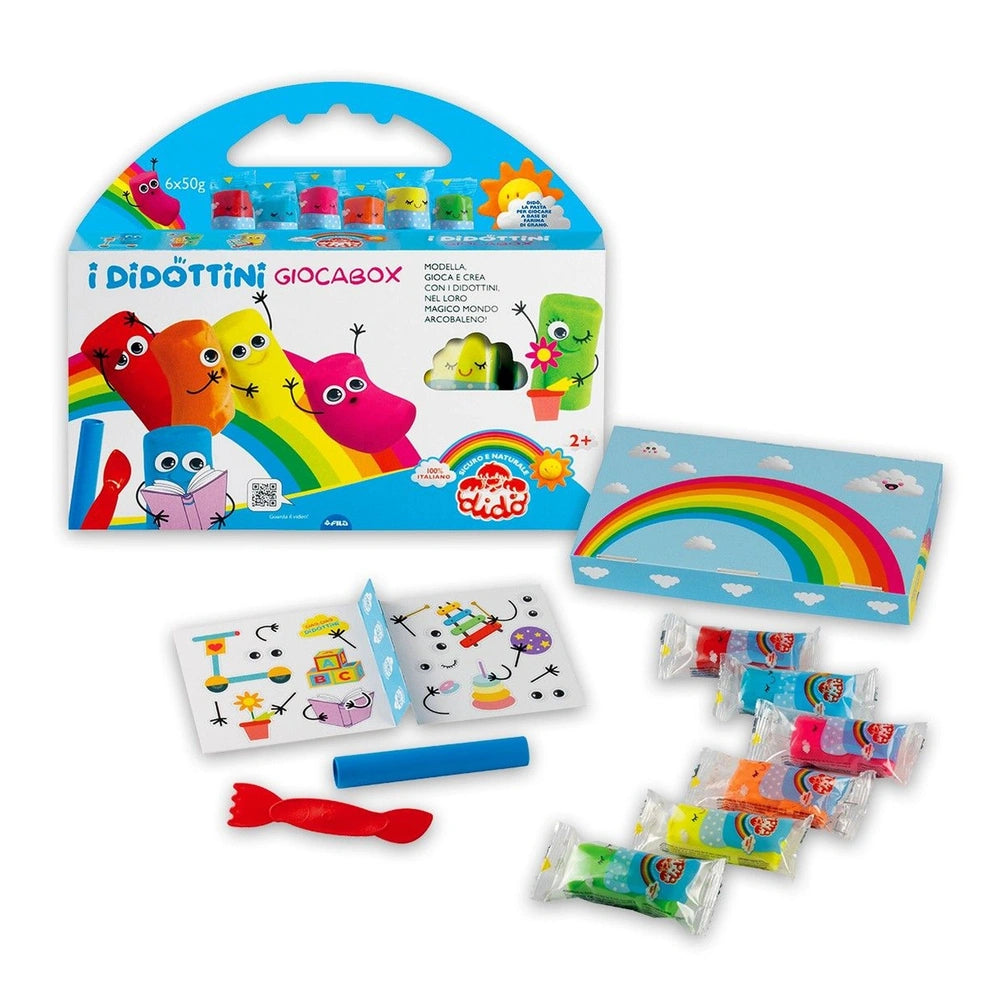 Didò Dottini Playbox Modelling Dough packaging features a colorful toy visible through a glossy window, set against a vibrant