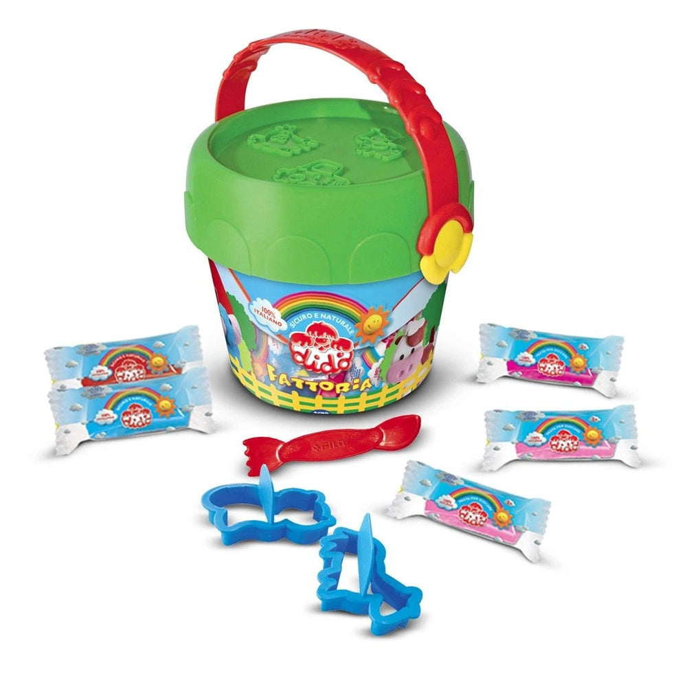 Didò Farm Modelling Dough Bucket with green lid, red handle, and assorted candies in clear plastic bags.
