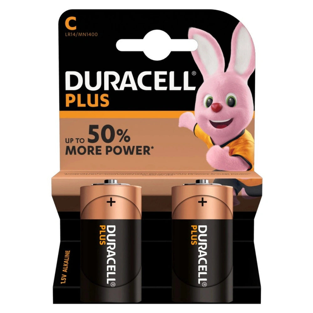 Duracell Plus Power Type C alkaline batteries 1.5V in glossy black packaging with white and black printed text.