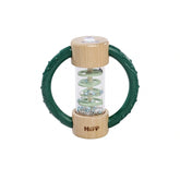 Eichhorn Baby HiPP Sound Rattle features a wooden top, green plastic body, and clear glass section with internal beads.