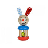 Eichhorn wooden rattle rabbit features a blue top, red ears, and a yellow ball, designed for baby play and sensory engagement