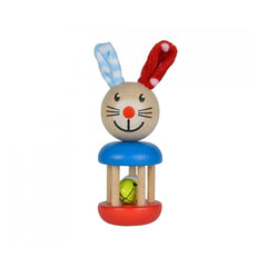 Baby wooden rattle rabbit with a brown body, blue top, and red bottom, featuring a smiling face and upright design.