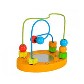 Eichhorn Beads Path baby activity toy features an orange base, blue handle, and colorful red, blue, and yellow balls with ste