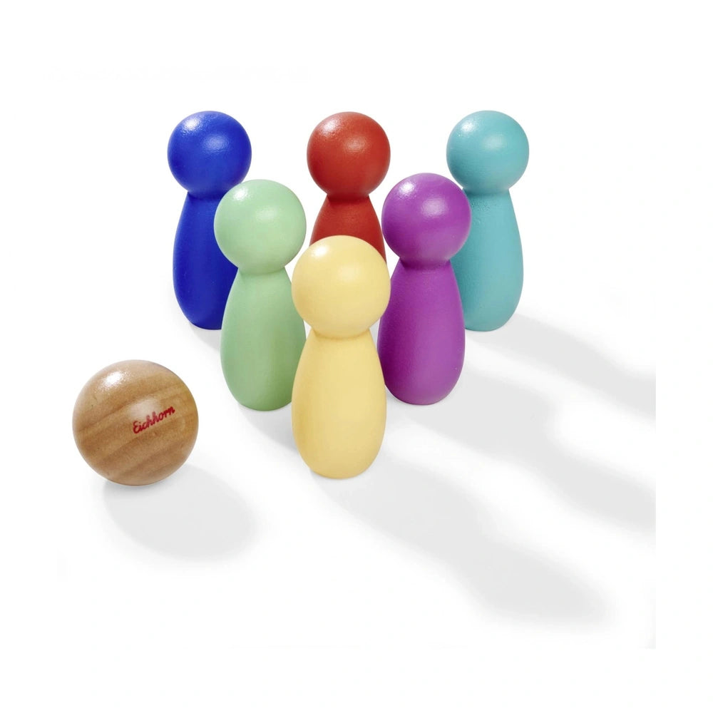 Eichhorn bowling game features colorful cylindrical pins in blue, green, red, and yellow, arranged on a white background.