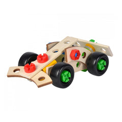 Eichhorn Constructor 3in1 Race Car features a simple wooden design with black wheels, green accents, and colorful components.
