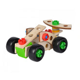 Eichhorn Constructor 3in1 Race Car toy features a wooden base with red and blue plastic connectors and black wheels.
