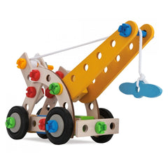 Eichhorn Constructor 4in1 construction set featuring 70 wooden and plastic pieces including wheels, connectors, and pulleys.