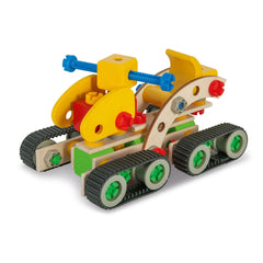 Eichhorn Constructor Work Vehicles set features wooden and colorful plastic components for versatile construction play.