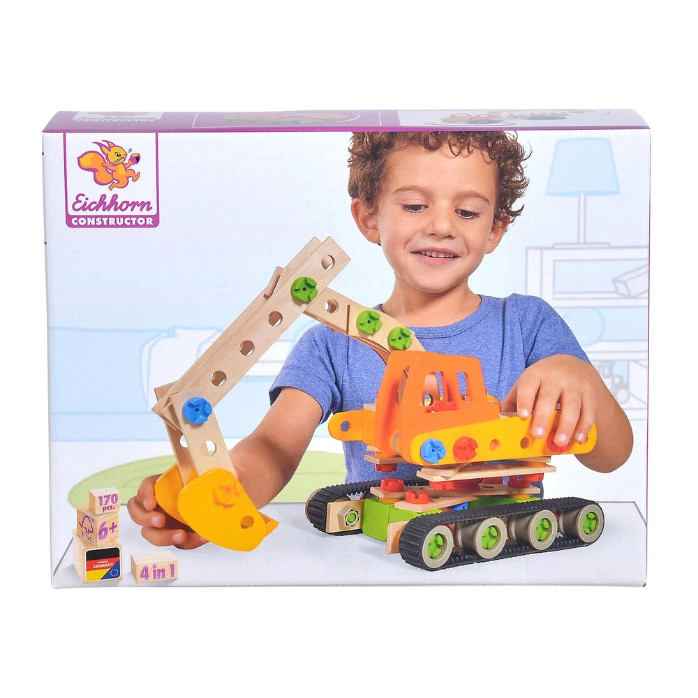 Eichhorn Constructor Work Vehicles set features a smiling child assembling a colorful wooden crane with plastic connectors.
