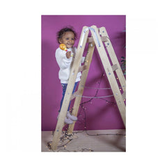 Eichhorn maracas held by a smiling child on a wooden ladder with twinkling lights against a vibrant purple background.