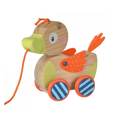 Eichhorn Pull-along Animal Duck is a friendly wooden toy with bright colors and a simple design, perfect for toddlers.