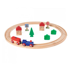Eichhorn Train Track Playset featuring a colorful wooden train, buildings, and trees set in a charming village scene.