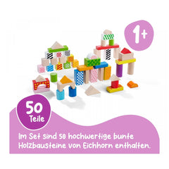 Eichhorn wooden block set in bucket featuring 50 colorful shapes for sorting and stacking, ideal for creative play.