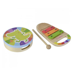 Eichhorn Wooden Drum and Xylophone Music Set, featuring a colorful alligator drum and a wooden five-bar xylophone.