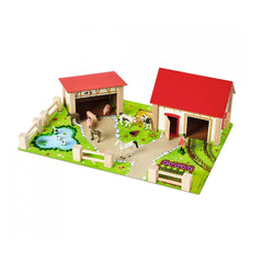 Eichhorn Wooden Farm Set includes 20 colorful pieces like a barn, animals, and accessories for imaginative play.