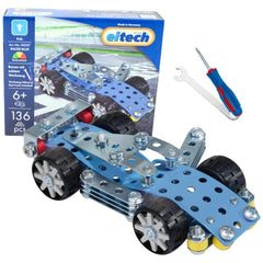 Eitech Rubin Rocket Racer construction set toy packaging features a blue box with 136 pieces, including tires, wheels, and to