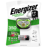 Energizer 3AAA 350 Light Head Torch packaging features a matte cardboard design with a transparent window showcasing specs.