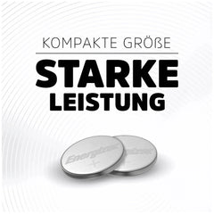 Energizer CR2032 3V button cell batteries in silver with black text "Kompakte Grobe Starkleistung" on a white background.