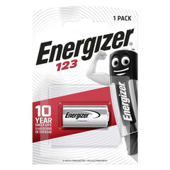 Energizer CR123A lithium camera battery in red and white packaging with a plastic window and silver cap, featuring 10-year sh