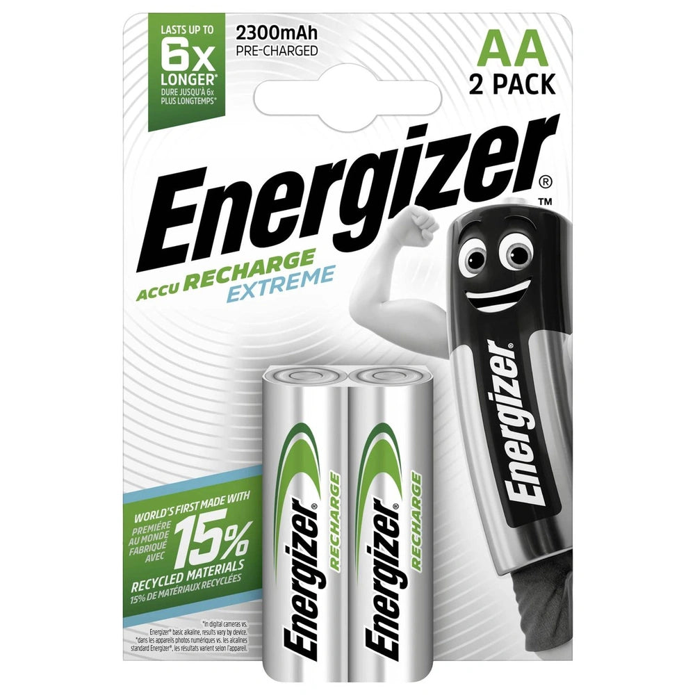 Energizer Extreme HR06 AA rechargeable batteries, 2300mAh, in matte cardboard packaging with green logo and transparent windo